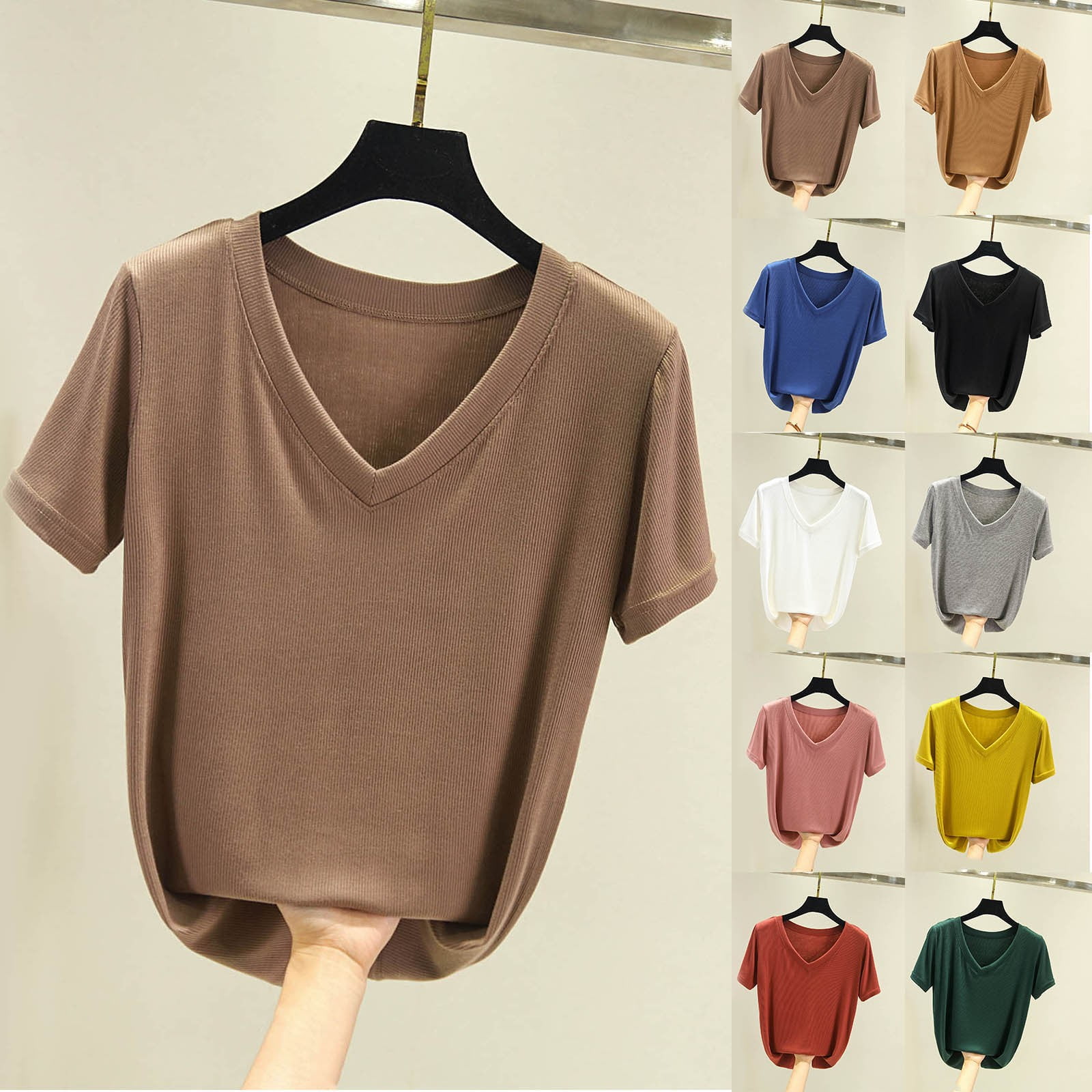 2 Pack ylioge Cotton T Shirts for Women Short Sleeve V Neck Tees Tops Womens Casual Solid Color Pullover Stretchy Basic Going-Out Loungewear Tshirts Shirt