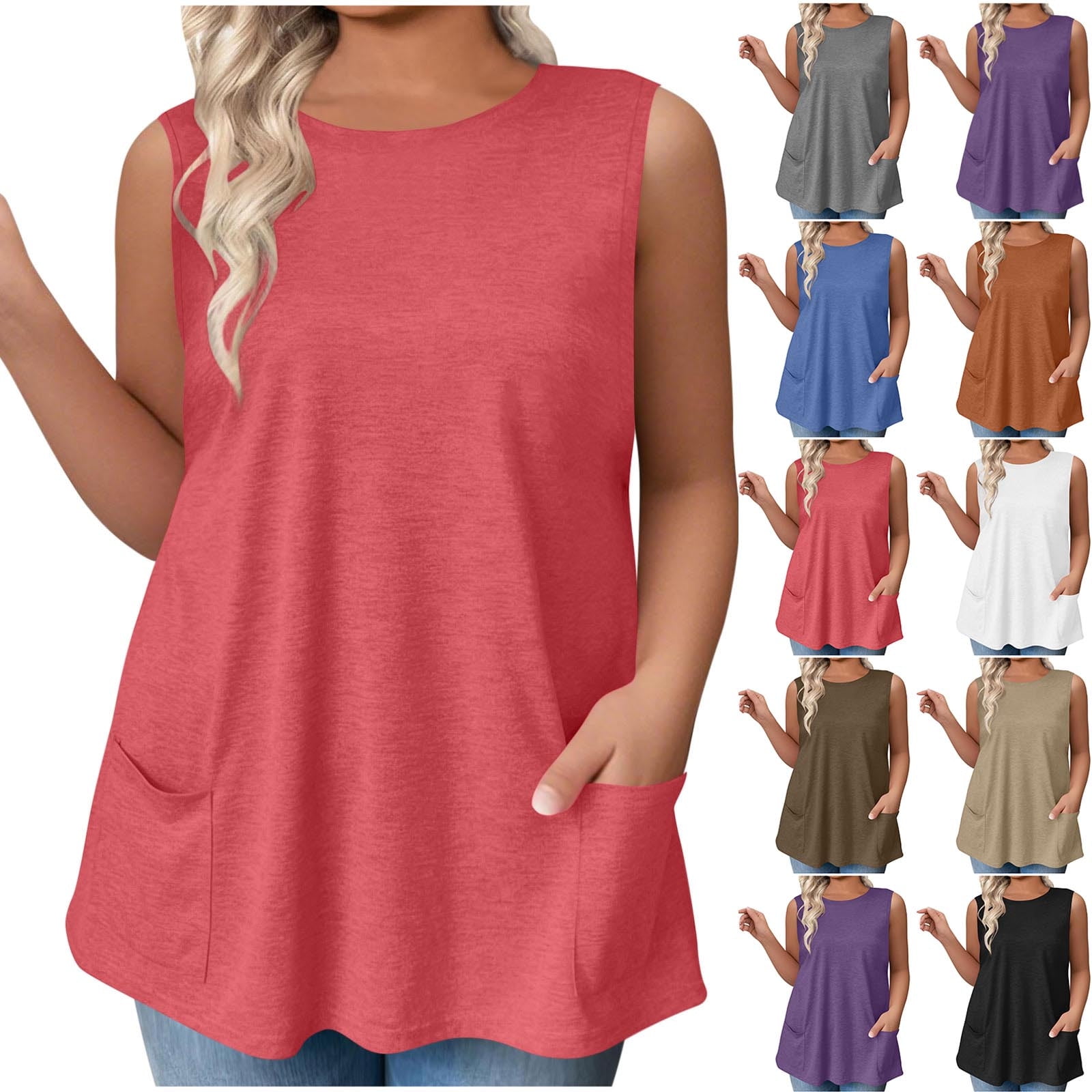 2 Pack ylioge L-4X Womens Plus Size Tank Tops with Pockets Sleeveless Crewneck Vests Ladies Casual Solid Color Loose Pullover Going-Out Loungewear Cami Top
