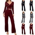 thumbnail image 1 of 2 Pack ylioge Pajama Sets for Women 2 Piece Casual Long Sleeve Cropped Tops and Pants Solid Color Comfortable Slim Loungewear Sleepwear Pajamas Outfits Set, 1 of 5