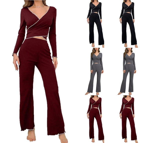 2 Pack ylioge Pajama Sets for Women 2 Piece Casual Long Sleeve Cropped Tops and Pants Solid Color Comfortable Slim Loungewear Sleepwear Pajamas Outfits Set