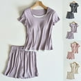 thumbnail image 1 of 2 Pack ylioge Pajama Sets for Women 2 Piece Short Sleeve Built in Bras Tops Wide Leg Shorts Casual Solid Color Soft Loungewear Homewear Pajamas Outfits Set, 1 of 8