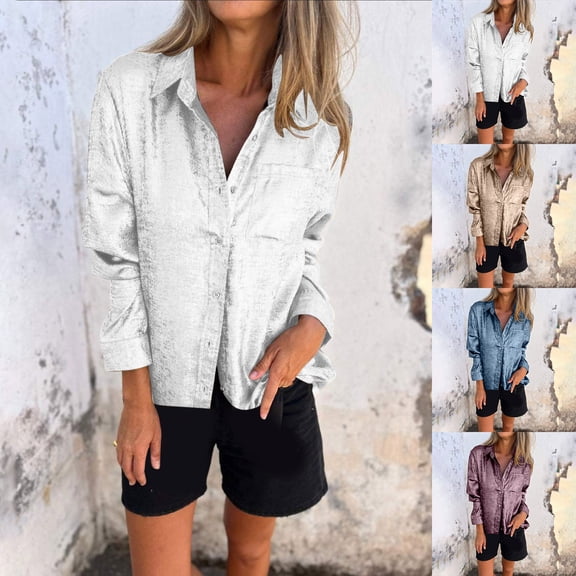 2 Pack ylioge S-5X Plus Size Shirts for Women with Pocket Long Sleeve Tshirts Shirt Womens Trendy Solid Color Button-Down Collared Vintage Tops