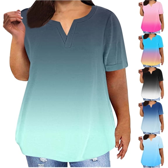 2 Pack ylioge S-5X Plus Size Tops for Women Short Sleeve T Shirts Womens Casual Gradient Printed Pullover V Neck Breathable Loungewear Going-Out Tunic Top