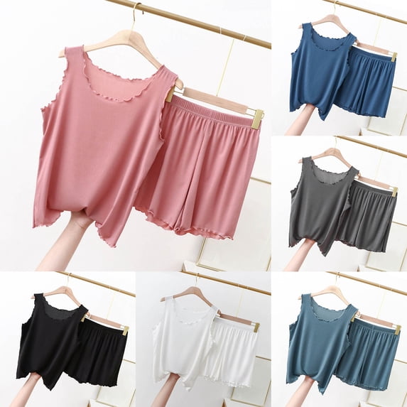 2 Pack ylioge Short Pajama Sets for Women 2 Piece Lightweight Solid Color Sleeveless Tank Tops Wide Leg Shorts Breathable Sleepwear Homewear Pajamas Outfits