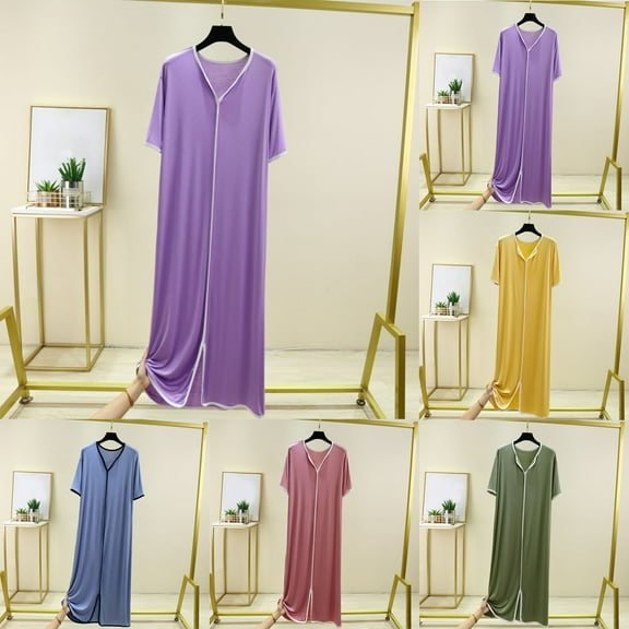 2 Pack ylioge Short Sleeve Nightgowns for Women V Neck Sleepshirts Ladies Casual Solid Color Pullover Soft-Modal Loungewear Pajama Dresses
