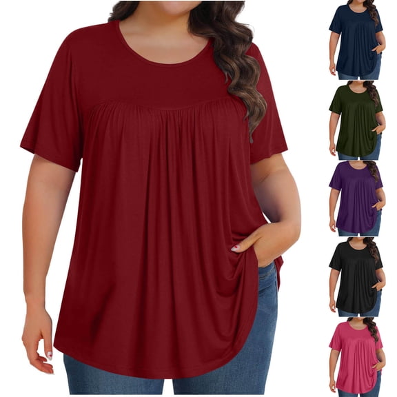 2 Pack ylioge Short Sleeve T Shirts for Women Plus Size L-5X Crewneck Tunic Tops Womens Casual Solid Color Pleated Pullover Comfortable Basic Tees Top