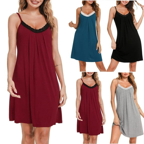 2 Pack ylioge Sleeveless Nightgowns for Women Lace Splice V Neck Soft Modal Sleepshirts Ladies Casual Solid Pullover Homewear Pajama Nightdresses