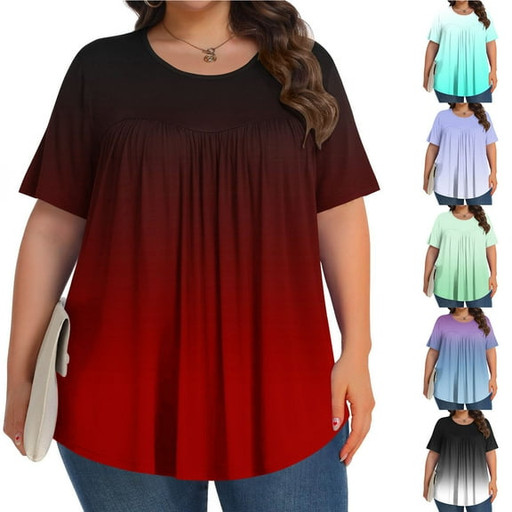 2 Pack ylioge T Shirts for Women Plus Size L-5X Short Sleeve Crewneck Tops Womens Trendy Gradient Printed Loose Pullover Pleated Going-Out Blouses Top