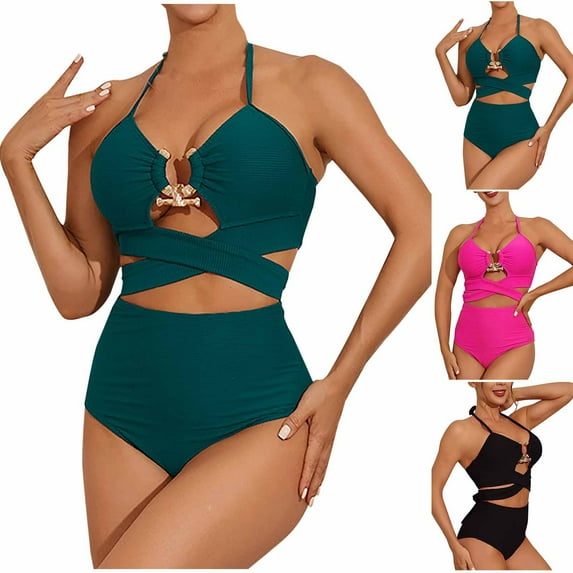 2 Pack ylioge Two Piece Swimsuits for Women Deep V Neck Hollow Out Tankini Bathing Suits Ladies Solid Sleeveless Beach Hot Spring Swimwear Sets