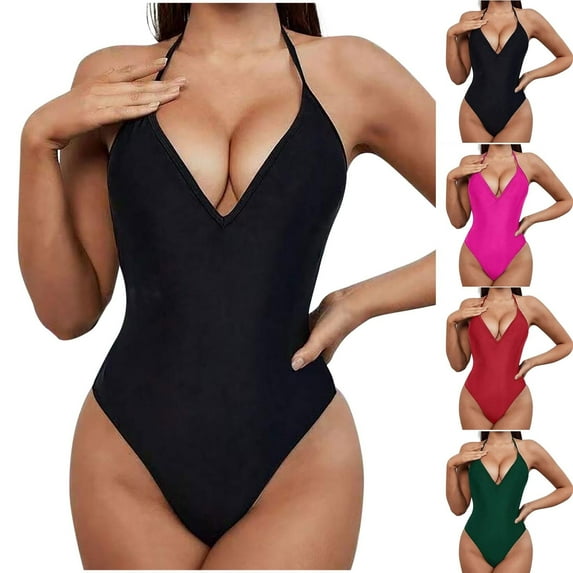 2 Pack ylioge Womens Deep V Neck Swimsuits Tankini One-Piece Bathing Suits Ladies Trendy Solid Halterneck Backless Sleeveless Swimwear Tankinis