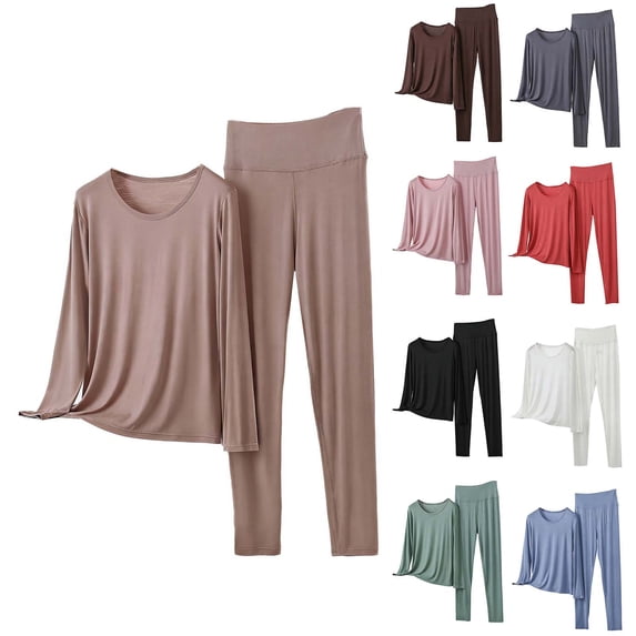 2 Pack ylioge Womens Modal-Pajama Sets Plus Size M-5X 2 Piece Loungewear Outfits Ladies Casual Solid Color Long Sleeve Tops and Pants Homewear Yoga Pajamas