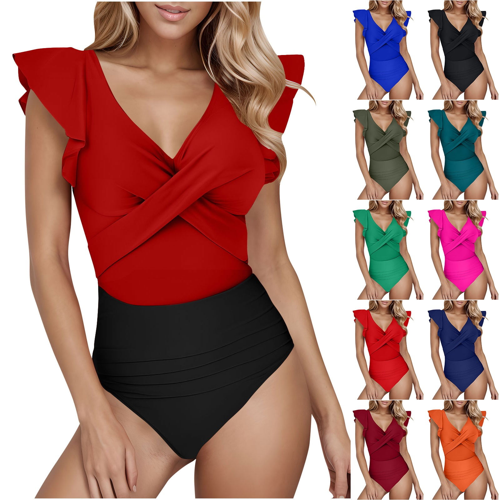 2 Pack ylioge Womens One-Piece Swimsuits Tankinis V Neck Ruffle Sleeve Bathing Suits Ladies Trendy Color-Block Quick-Dry Athletic Bathing Suits