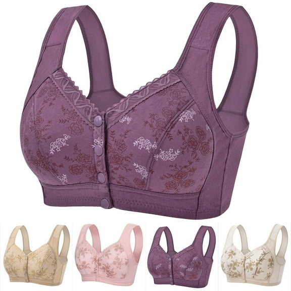 2 Pack ylioge Womens Plus Size Bras S-4X Front Closure No Underwire Underwear Bra Ladies Push Up Printed Breathable Soft Sleeping Bralettes