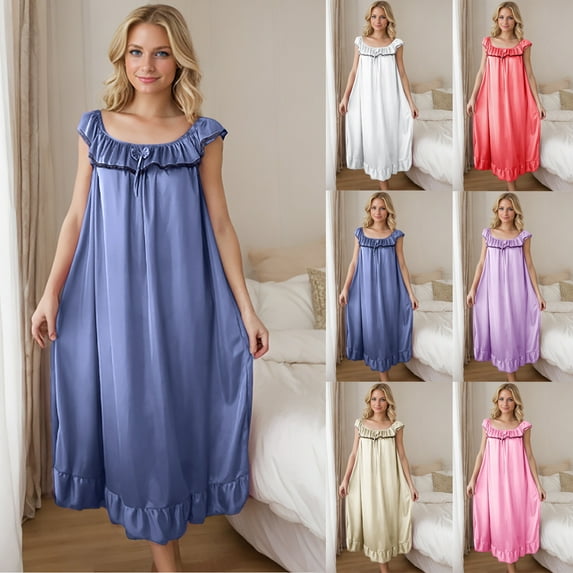 2 Pack ylioge Womens Sleeveless Nightgowns Silk Ruffle Homewear Sleepshirts Ladies Solid Loose Pullover Comfort Loungewear Pajama Midi Dresses