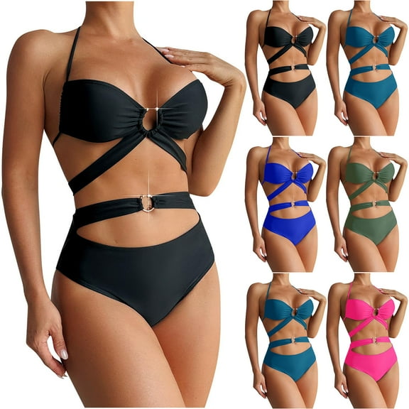 2 Pack ylioge Womens Swimsuits Bikini Separates Bathing Suits Trendy Solid High Waisted Tie Backless Beach Built in Bras Swimwear Sets