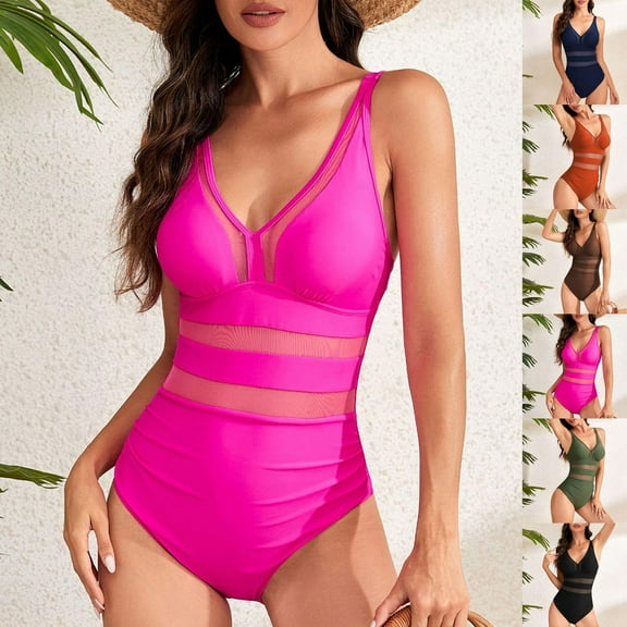 2 Pack ylioge Womens Tankini Sets Summer One-Piece Swimsuits Ladies Trendy Solid Mesh Splice See-Through Beach Swimwear Bathing Suits
