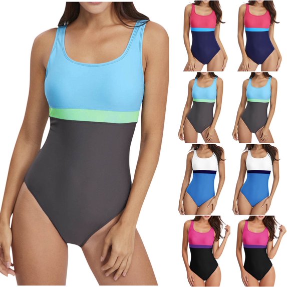 2 Pack ylioge Womens Tankini Swimsuits One-Piece Sleeveless Crewneck Bathing Suits Ladies Casual Color-Block Stretchy Slim-Fit Swimwear Swimsuit