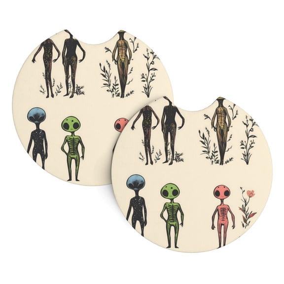 2 Package Car Coasters Drink Absorbable Rubber Base Cup Holder Coasters Non-Slip Coasters Bar Coasters Car Interior Accessories 2.7 Inches Alien Being