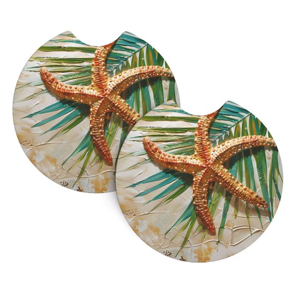 2 Package Car Coasters Drink Absorbable Rubber Base Cup Holder Coasters Non-Slip Coasters Bar Coasters Car Interior Accessories 2.7 Inches Beach Palm Leaf Starfish (12)