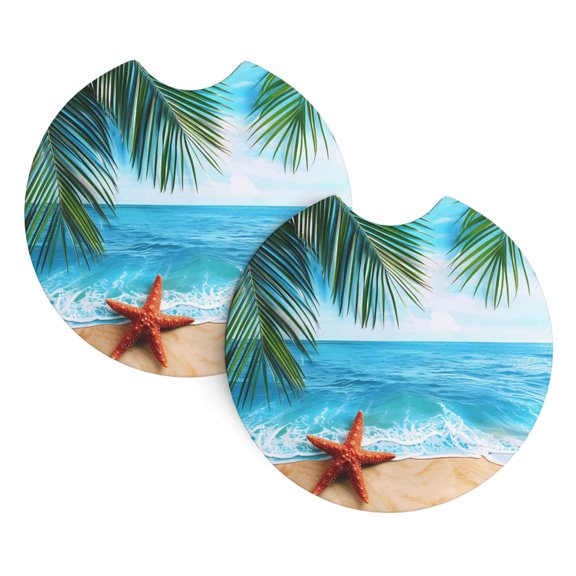 2 Package Car Coasters Drink Absorbable Rubber Base Cup Holder Coasters Non-Slip Coasters Bar Coasters Car Interior Accessories 2.7 Inches Beach Palm Leaf Starfish (9) (1)