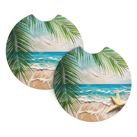 2 Package Car Coasters Drink Absorbable Rubber Base Cup Holder Coasters Non-Slip Coasters Bar Coasters Car Interior Accessories 2.7 Inches Beach Palm Leaf Starfish (4) (1)