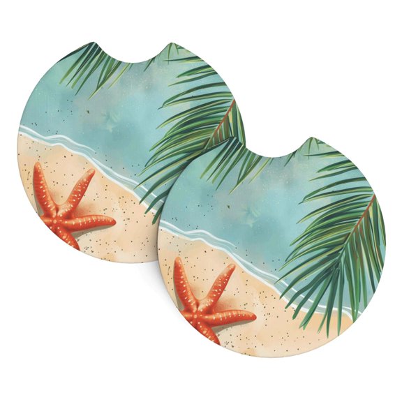 2 Package Car Coasters Drink Absorbable Rubber Base Cup Holder Coasters Non-Slip Coasters Bar Coasters Car Interior Accessories 2.7 Inches Beach Palm Leaf Starfish (1)