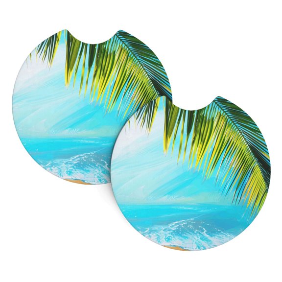 2 Package Car Coasters Drink Absorbable Rubber Base Cup Holder Coasters Non-Slip Coasters Bar Coasters Car Interior Accessories 2.7 Inches Beach Palm Leaf (2) (1)