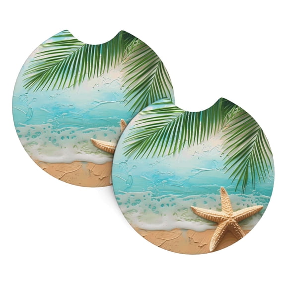 2 Package Car Coasters Drink Absorbable Rubber Base Cup Holder Coasters Non-Slip Coasters Bar Coasters Car Interior Accessories 2.7 Inches Beach Palm Leaf Starfish (8) (1)