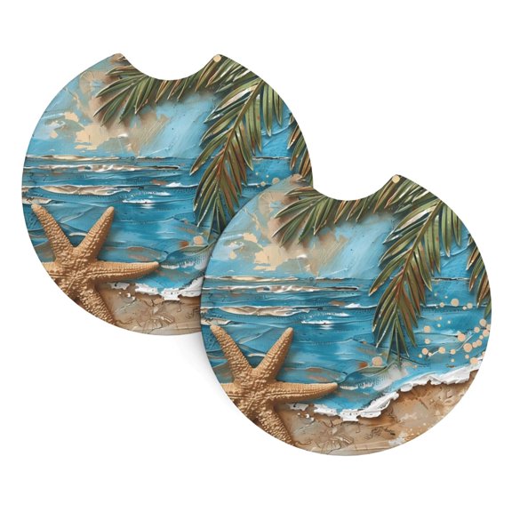 2 Package Car Coasters Drink Absorbable Rubber Base Cup Holder Coasters Non-Slip Coasters Bar Coasters Car Interior Accessories 2.7 Inches Beach Palm Leaf Starfish (1) (1)