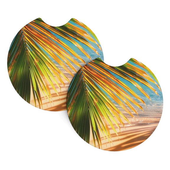 2 Package Car Coasters Drink Absorbable Rubber Base Cup Holder Coasters Non-Slip Coasters Bar Coasters Car Interior Accessories 2.7 Inches Beach Palm Leaf (3) (1)