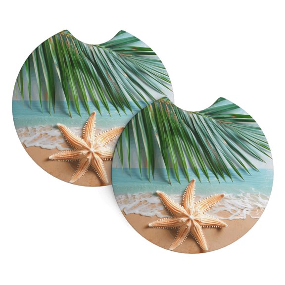 2 Package Car Coasters Drink Absorbable Rubber Base Cup Holder Coasters Non-Slip Coasters Bar Coasters Car Interior Accessories 2.7 Inches Beach Palm Leaf Starfish (10) (1)