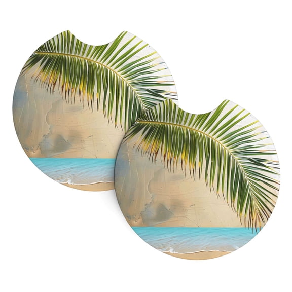 2 Package Car Coasters Drink Absorbable Rubber Base Cup Holder Coasters Non-Slip Coasters Bar Coasters Car Interior Accessories 2.7 Inches Beach Palm Leaf (1)