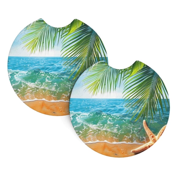 2 Package Car Coasters Drink Absorbable Rubber Base Cup Holder Coasters Non-Slip Coasters Bar Coasters Car Interior Accessories 2.7 Inches Beach Palm Leaf Starfish (11) (1)