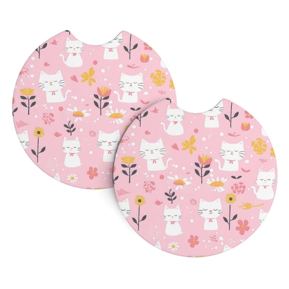 2 Package Car Coasters Drink Absorbable Rubber Base Cup Holder Coasters Non-Slip Coasters Bar Coasters Car Interior Accessories 2.7 Inches Cartoon Cat And Flowers