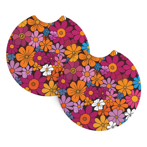 2 Package Car Coasters Drink Absorbable Rubber Base Cup Holder Coasters Non-Slip Coasters Bar Coasters Car Interior Accessories 2.7 Inches Colorful Floral Pattern Groovy Flowers