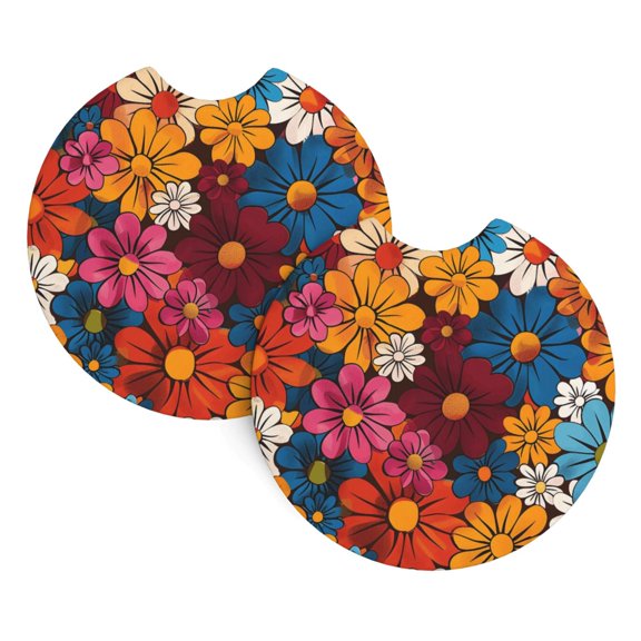 2 Package Car Coasters Drink Absorbable Rubber Base Cup Holder Coasters Non-Slip Coasters Bar Coasters Car Interior Accessories 2.7 Inches Colorful Floral Pattern Groovy Flowers