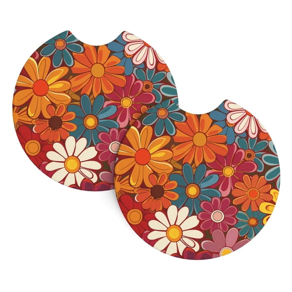 2 Package Car Coasters Drink Absorbable Rubber Base Cup Holder Coasters Non-Slip Coasters Bar Coasters Car Interior Accessories 2.7 Inches Colorful Floral Pattern Groovy Flowers (2)