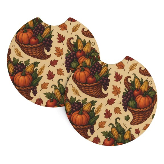 2 Package Car Coasters Drink Absorbable Rubber Base Cup Holder Coasters Non-Slip Coasters Bar Coasters Car Interior Accessories 2.7 Inches Cornucopia Harvest Pattern
