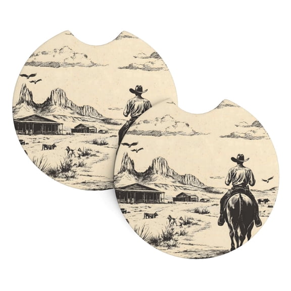 2 Package Car Coasters Drink Absorbable Rubber Base Cup Holder Coasters Non-Slip Coasters Bar Coasters Car Interior Accessories 2.7 Inches Desert Cowboy On Horseback