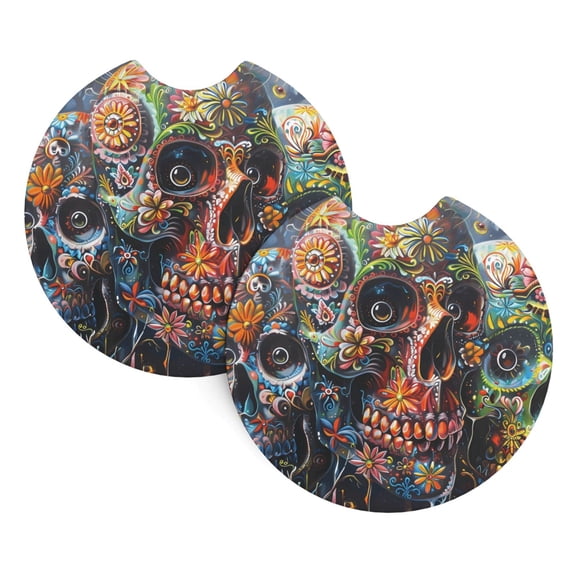 2 Package Car Coasters Drink Absorbable Rubber Base Cup Holder Coasters Non-Slip Coasters Bar Coasters Car Interior Accessories 2.7 Inches Festive Sugar Skulls (3)