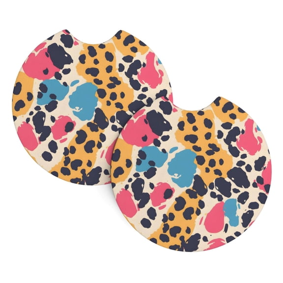 2 Package Car Coasters Drink Absorbable Rubber Base Cup Holder Coasters Non-Slip Coasters Bar Coasters Car Interior Accessories 2.7 Inches Leopard Print Pattern Rainbow_1