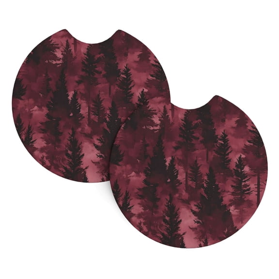 2 Package Car Coasters Drink Absorbable Rubber Base Cup Holder Coasters Non-Slip Coasters Bar Coasters Car Interior Accessories 2.7 Inches Realistic Forests Camouflage Pattern Conifer Maroon_3