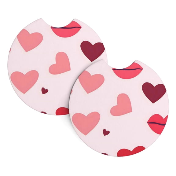 2 Package Car Coasters Drink Absorbable Rubber Base Cup Holder Coasters Non-Slip Coasters Bar Coasters Car Interior Accessories 2.7 Inches Red Lips And Hearts