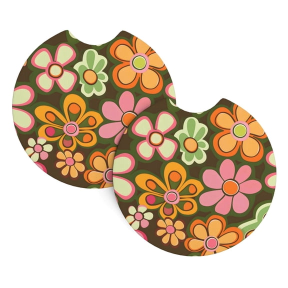 2 Package Car Coasters Drink Absorbable Rubber Base Cup Holder Coasters Non-Slip Coasters Bar Coasters Car Interior Accessories 2.7 Inches Retro Groovy Flowers Pattern (2)