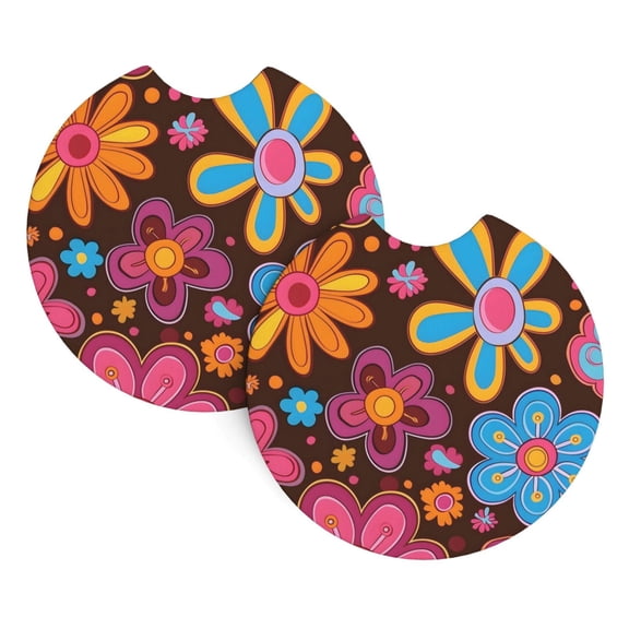 2 Package Car Coasters Drink Absorbable Rubber Base Cup Holder Coasters Non-Slip Coasters Bar Coasters Car Interior Accessories 2.7 Inches Retro Groovy Flowers Pattern (8)