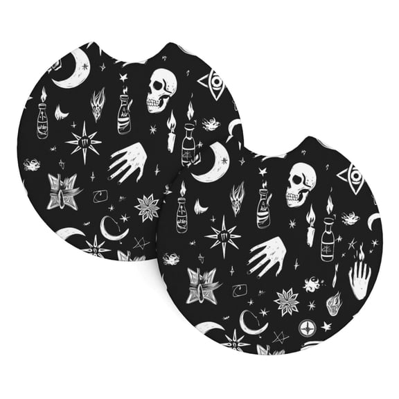 2 Package Car Coasters Drink Absorbable Rubber Base Cup Holder Coasters Non-Slip Coasters Bar Coasters Car Interior Accessories 2.7 Inches Retro Skull Head