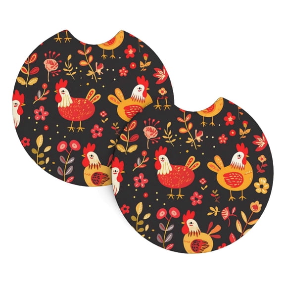 2 Package Car Coasters Drink Absorbable Rubber Base Cup Holder Coasters Non-Slip Coasters Bar Coasters Car Interior Accessories 2.7 Inches Rooster And Flower
