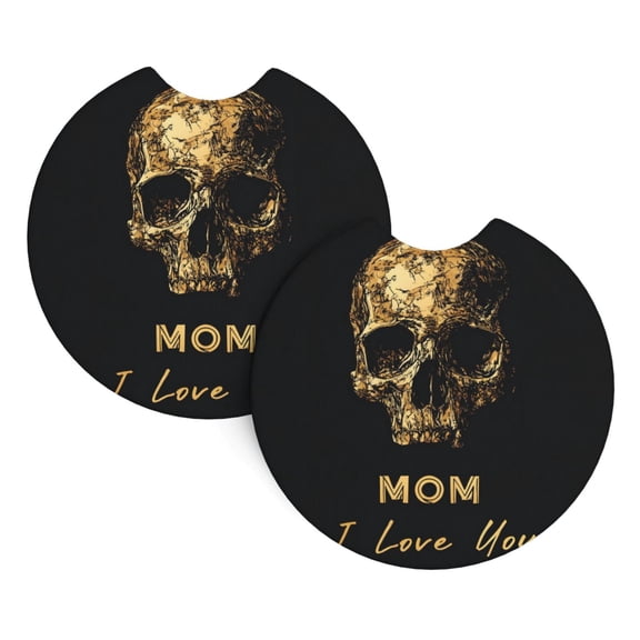 2 Package Car Coasters Drink Absorbable Rubber Base Cup Holder Coasters Non-Slip Coasters Bar Coasters Car Interior Accessories 2.7 Inches Skull Mom I Love You