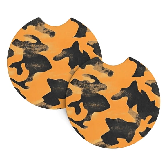 2 Package Car Coasters Drink Absorbable Rubber Base Cup Holder Coasters Non-Slip Coasters Bar Coasters Car Interior Accessories 2.7 Inches Texture Camo Army Orange_3
