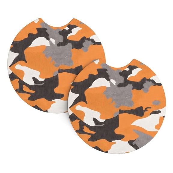 2 Package Car Coasters Drink Absorbable Rubber Base Cup Holder Coasters Non-Slip Coasters Bar Coasters Car Interior Accessories 2.7 Inches Texture Camo Army Orange_1